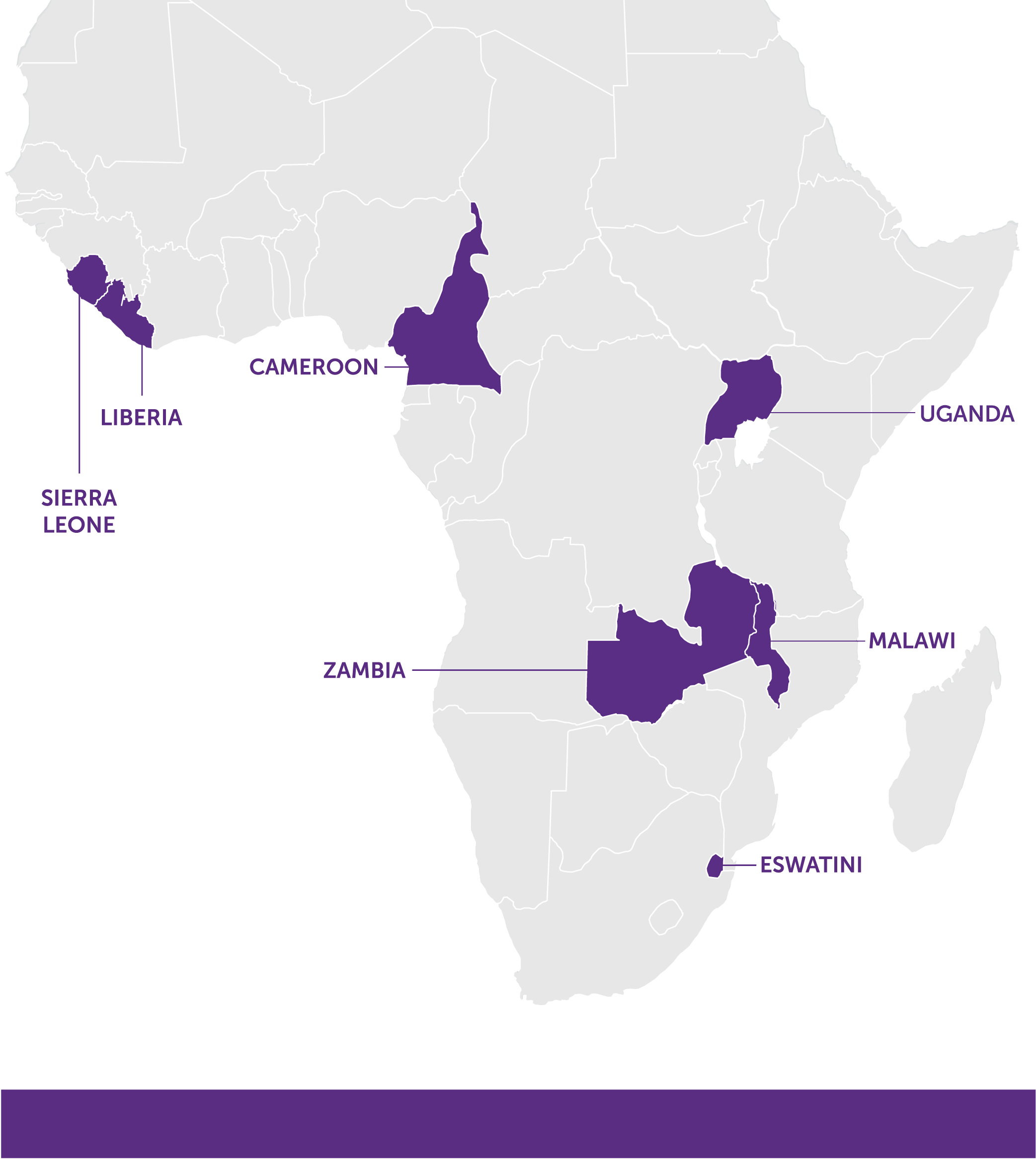 Map of Africa highlighting: Cameroon, Eswatini, Liberia, Malawi, Uganda, Sierra Leone, and Zambia.